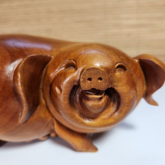 Vintage Hand Carved Chinese Wood Laughing Pig Figurine Ornament Statue - Picture 2 of 8